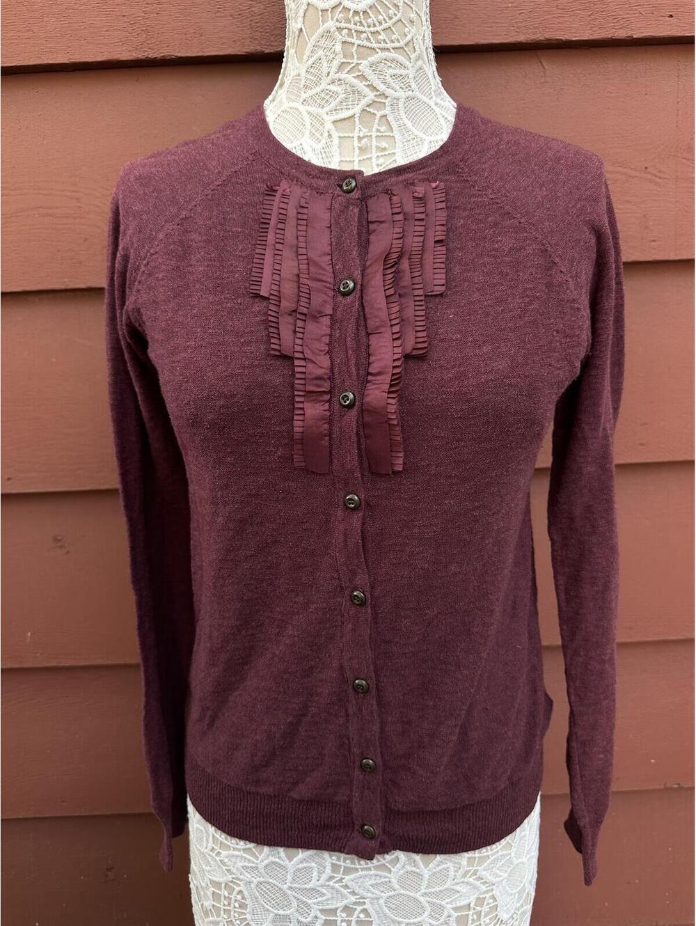 Eddie Bauer Burgundy Ruffle Trim Button Front Cardigan Sweater Knit